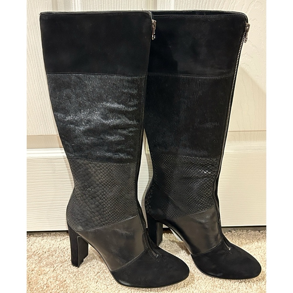 Anne Klein Black Leather Front Zip High Heel Boots size 6.5M